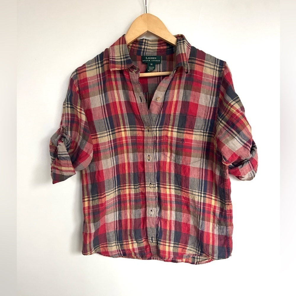 Lauren Ralph Lauren 100% linen Plaid Tab Sleeve Button Up Shirt Size medium